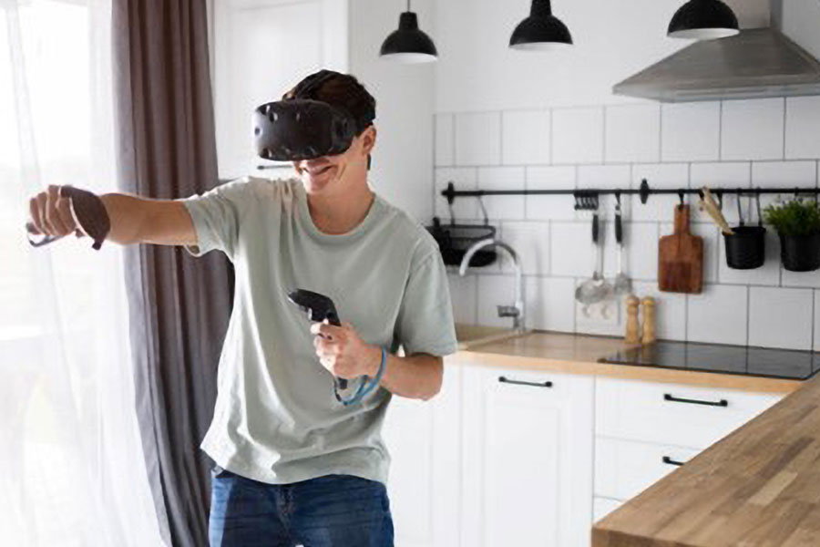 picture of a gamer using a VR Headset and motion controller to burn calories while gaming.