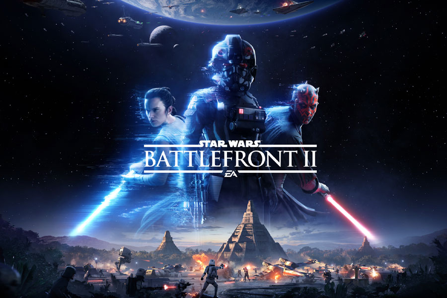 The Official Picture of Star Wars Battlefront II with three of its characters, One of best multiplayer war games for ps5.