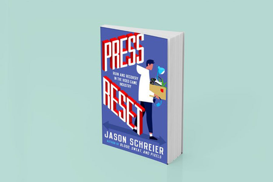 The Official Book Cover of "Press Reset" by Jason Schreier, a book about video game world.