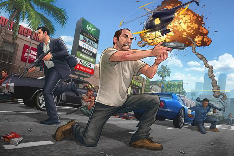 picture of the three main protagonists of GTA V, a most played game in 2024, frank, trevor and franklin in the middle of a city chaos defending themselves.