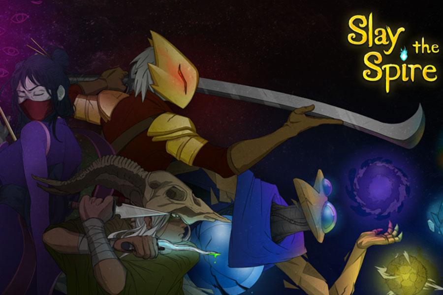 a Fanart of Slay the Spire with its four main characters, one of the games you can play while listening to a podcast.