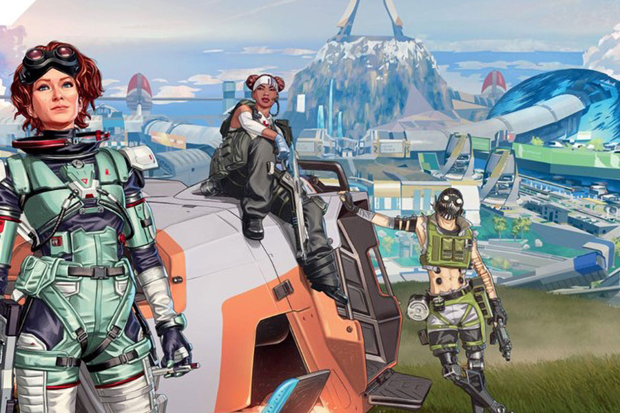 picture of three legends in apex legends, a most played game in 2024, horizon on left, lifeline in middle and octane on right.