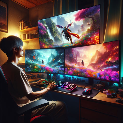 a gamer with his setup using  multiple monitors