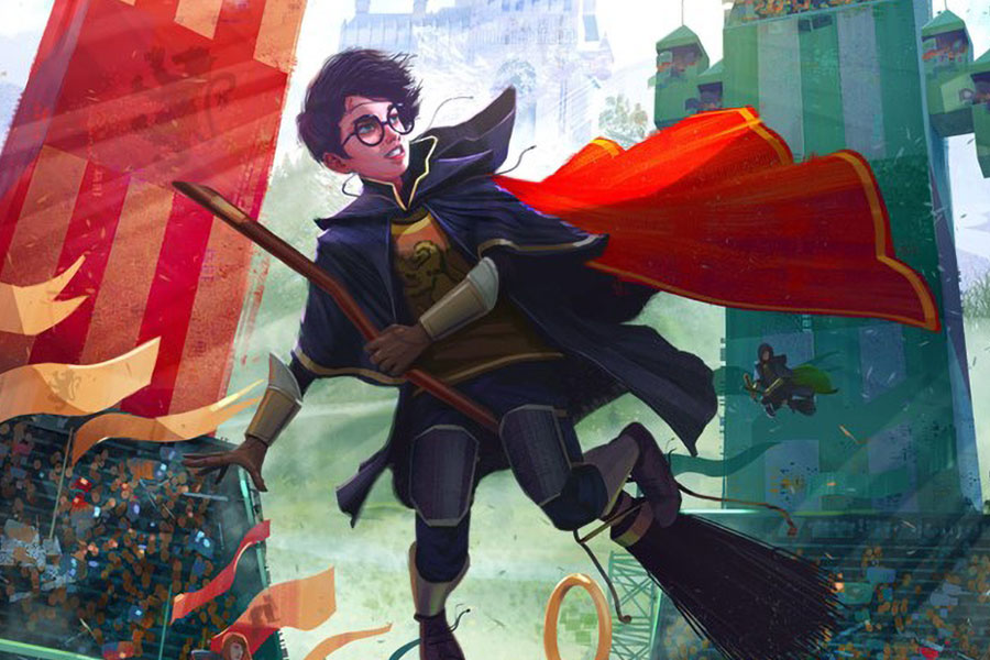 picture of harry riding his broom in a quidditch match, take from harry potter series one of the best ebooks to listen while gaming