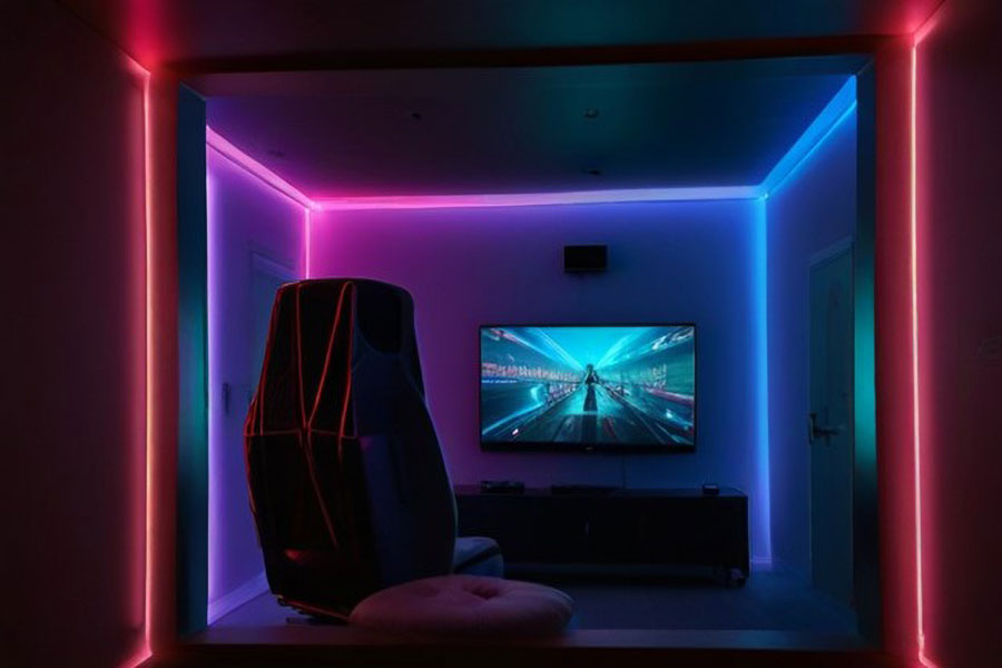 a gaming room with many equipment such as a gaming chair, gaming console and a big tv. as you can see there’s a mild blue color combined with red on the walls and ceiling.