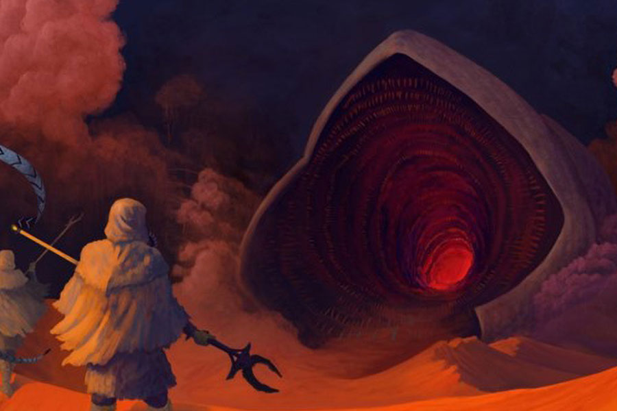 picture of fremen in front of Shai-Hulud based on Dune by frank herbert, one of the Greatest ebooks to listen while gaming