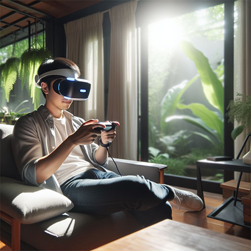 a gamer with VR headset on playing with a controller.