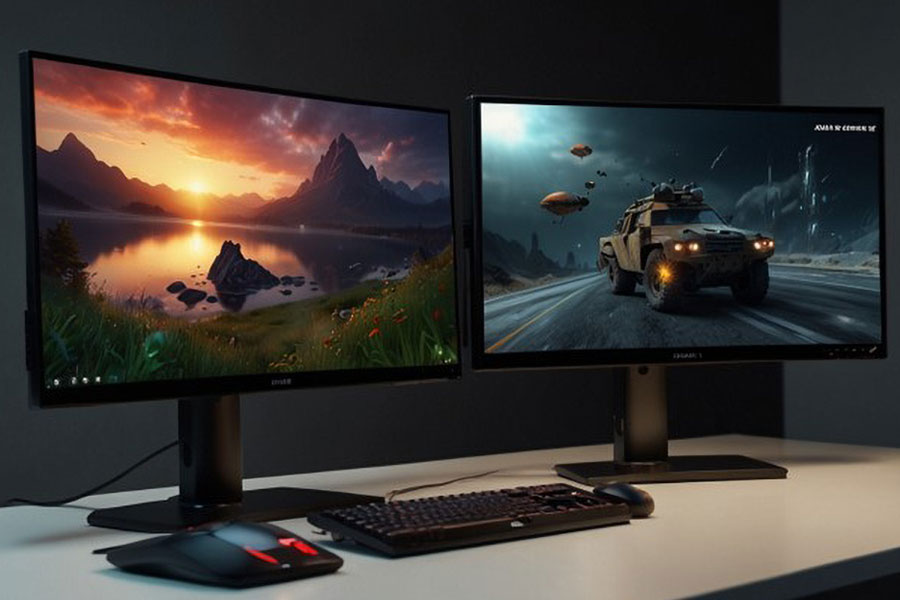 two monitors in different sizes and models with ideal mouse and keyboard. to understand What Is The Best Monitor Size For Gaming, first you need to ask this question from yourself.