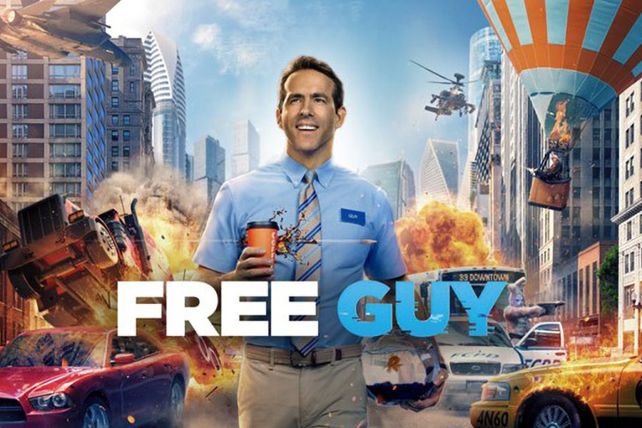 a poster of free guy movie with the main character at the center of it, one of the best movies for gamers.