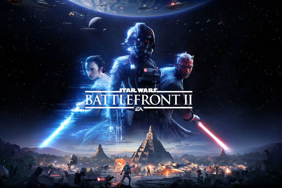 The Official Picture of Star Wars Battlefront II with three of its characters, One of best war multiplayer games for ps4.