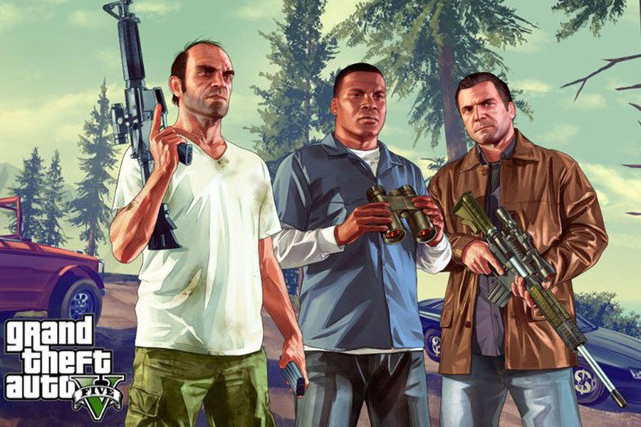 Picture of GTA V with its three main characters, Subject of facts about video games.