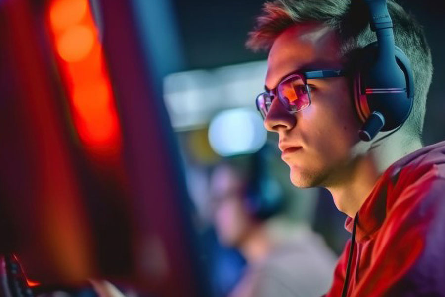 Picture of an Esports player with Gaming Glasses playing. gaming glasses benefits are more than you think.