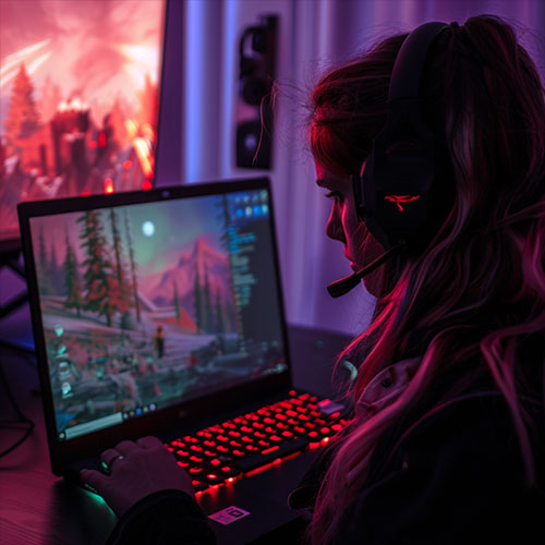 a Gamer in front of her setup trying on how to improve gaming laptop battery life.