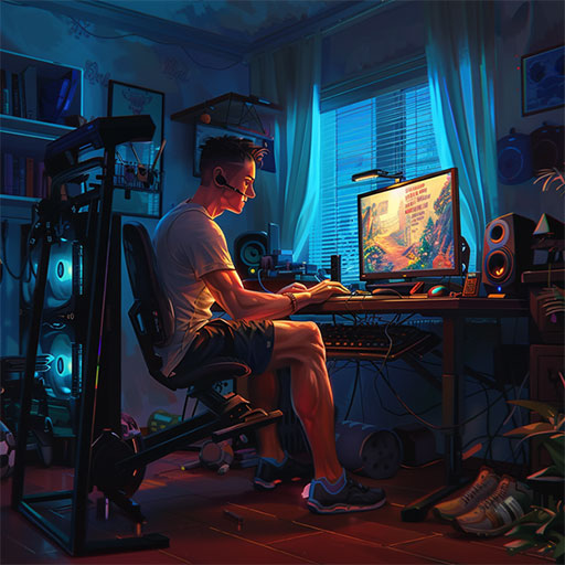 a Gamer with workout equipment attached to his setup, one of great ways on how to improve gaming reaction time.