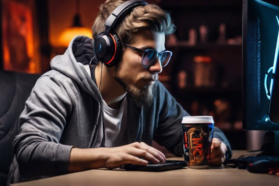 a Gamer in front of his setup with a cup of coffee, one of best ways on how to improve gaming reaction time.