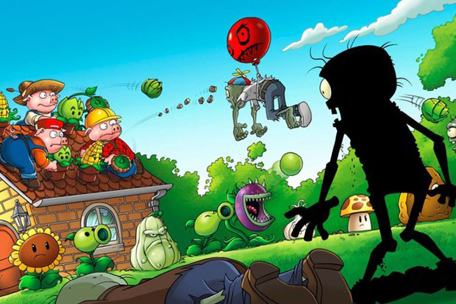 a Fanart of Plants vs. Zombies with Plants defending three pigs against zombies, one of the mobile games with leaderboards.