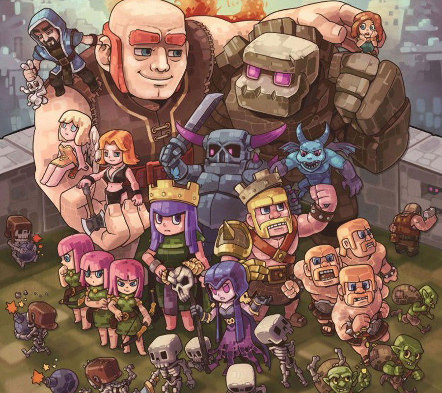 a fanart of Clash of Clans with its many characters, one of mobile games with leaderboards