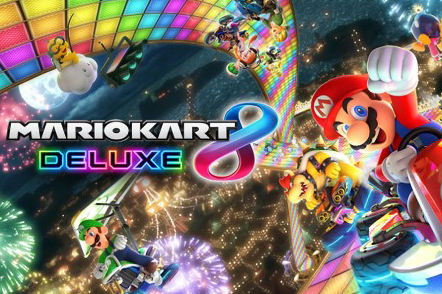 The Official Picture of Mario Kart 8 Deluxe with its many karts and characters, One of Nintendo Switch Games for kids.