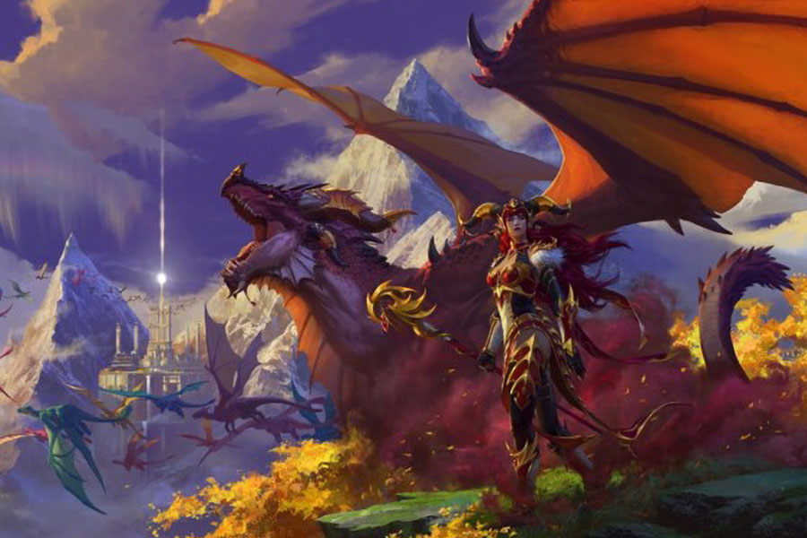 a key art from World of Warcraft with dragon aspect Alexstrasza and other dragons, one of the best trending online games 2024.