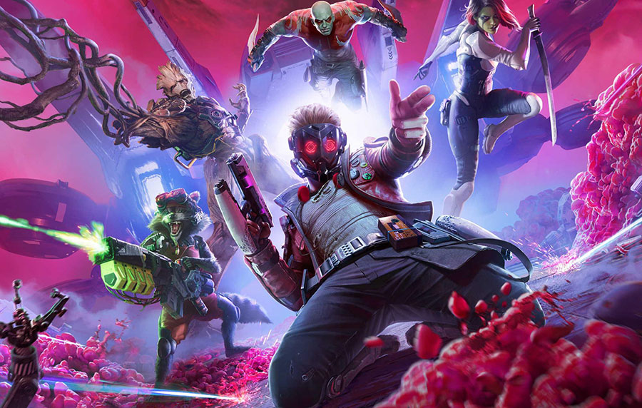 The Official Picture of Guardians of the Galaxy with its main characters, One of best aaa games on xbox.