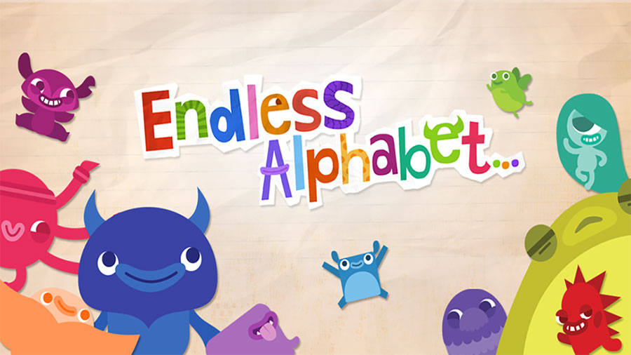 Screenshot of Endless Alphabet showing animated monsters and letters.