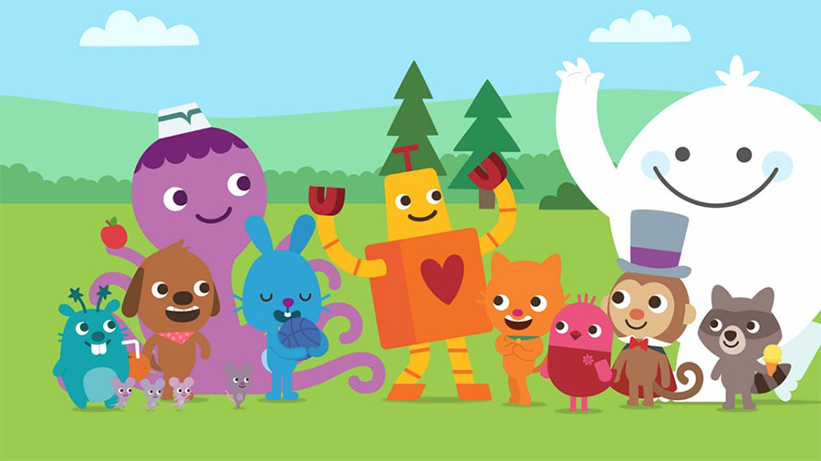 Screenshot of Sago Mini Friends showing cute animal characters in a whimsical world.