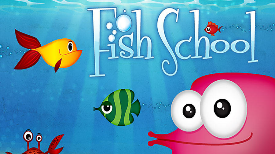 Screenshot of Fish School showing colorful fish and learning activities.