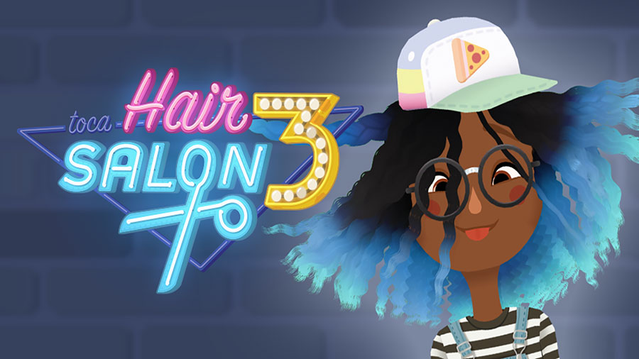 Screenshot of Toca Hair Salon 3 showing kids styling hair for quirky characters.