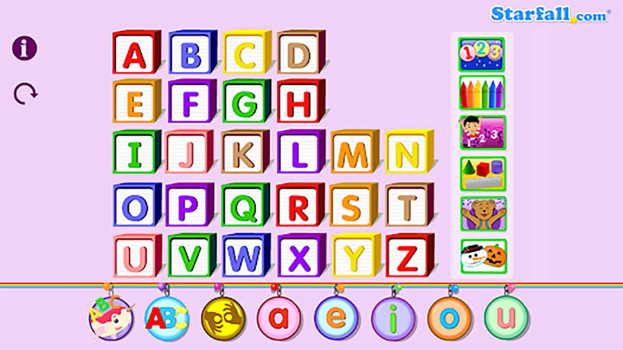 Screenshot of "Starfall ABCs" with letters and phonics activities.