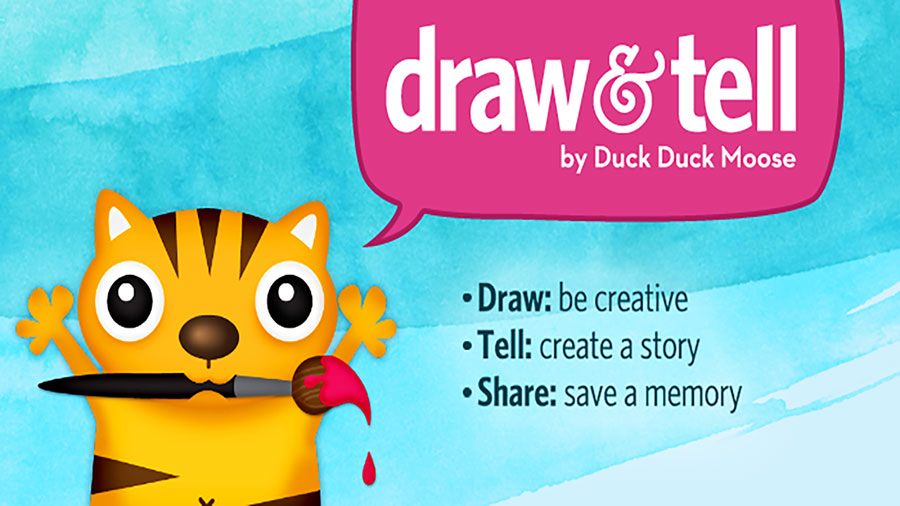 Screenshot of "Draw and Tell HD" with a child’s drawing and stickers.