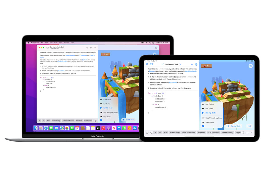 Picture of Swift Playgrounds on mac and ipad screen, One of best free ipad games for 7 year olds.