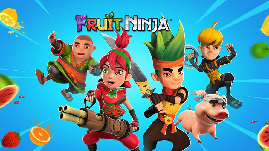 The Official Picture of Fruit Ninja with its characters, One of best free ipad games for 8 year olds.