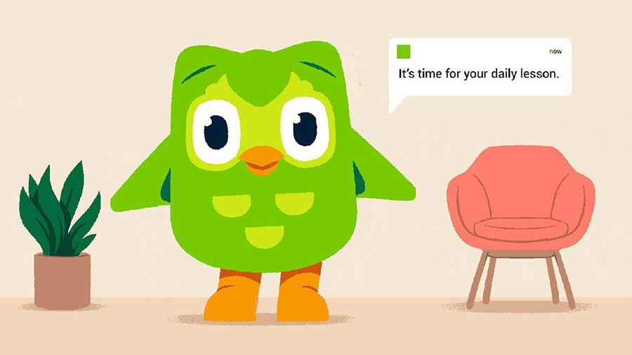 The Official Picture of Duolingo with its mascot, One of best free ipad games for 9 year olds.