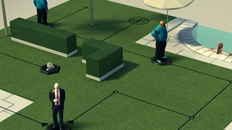 Screenshot of "Hitman GO" showing a turn-based puzzle with diorama-style visuals.