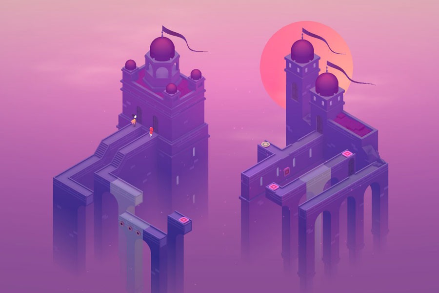 Screenshot of "Monument Valley 2" featuring geometric landscapes.