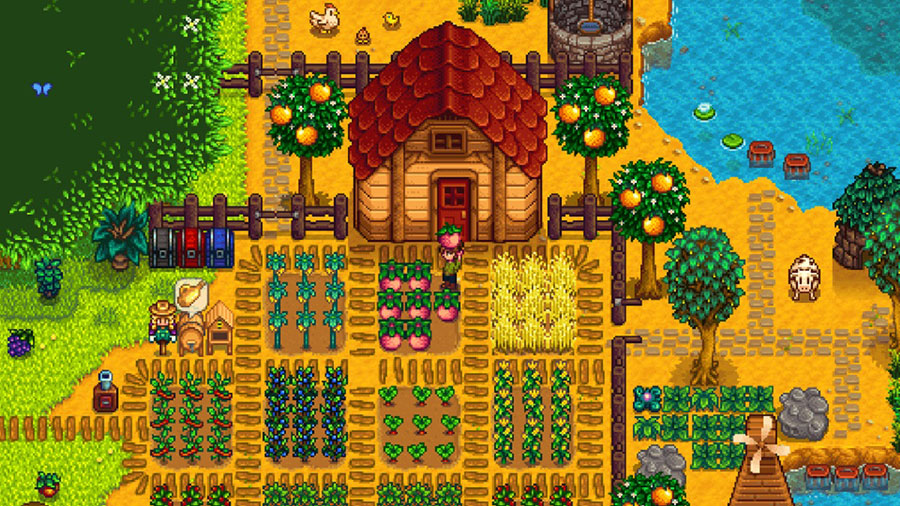 Screenshot of "Stardew Valley" showing a farm with crops and buildings.