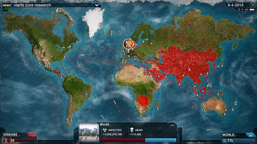 Screenshot of "Plague Inc." showing a world map with infection spread.