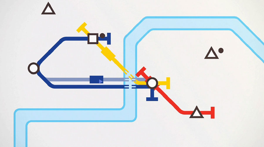 Screenshot of "Mini Metro" showing a minimalistic subway map design.