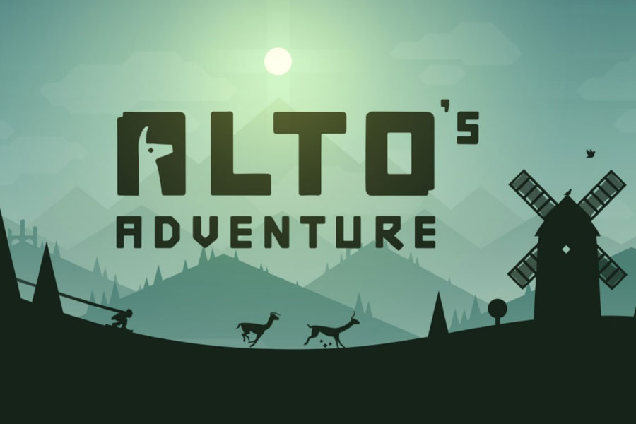 Screenshot of "Alto’s Adventure" with a snowboarder gliding down a scenic slope.