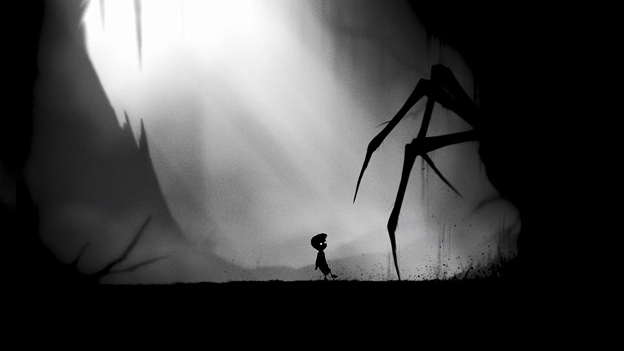 Screenshot of "Limbo" showing a silhouette of a boy in a dark, eerie environment.