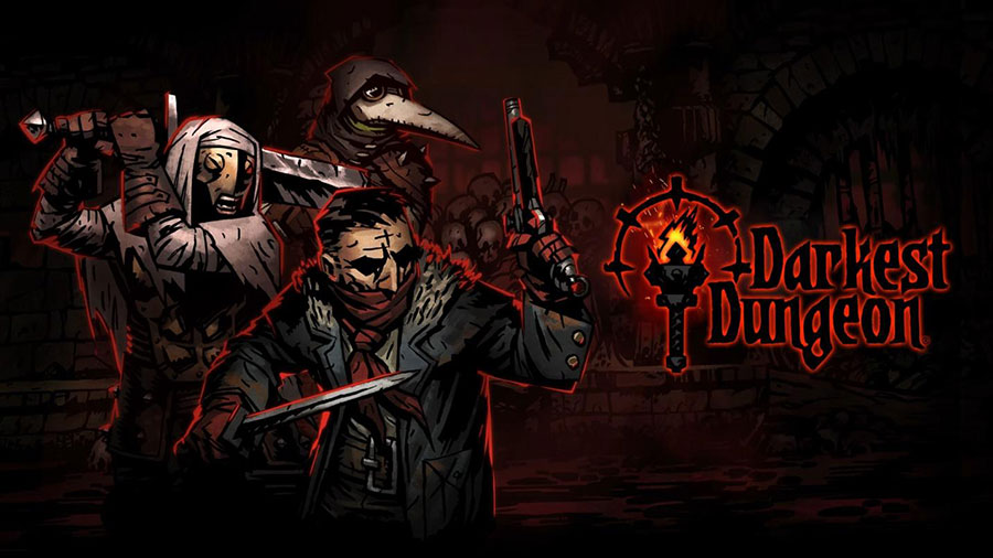 The Official Picture of Darkest Dungeon with its characters, One of best turn based strategy games on steam.