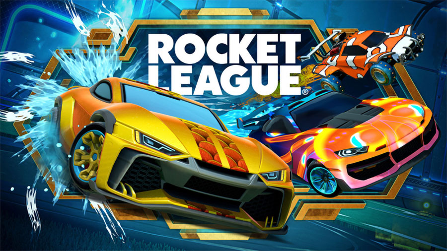 A poster of Rocket League showing three different cars among the game’s lineup of cars.