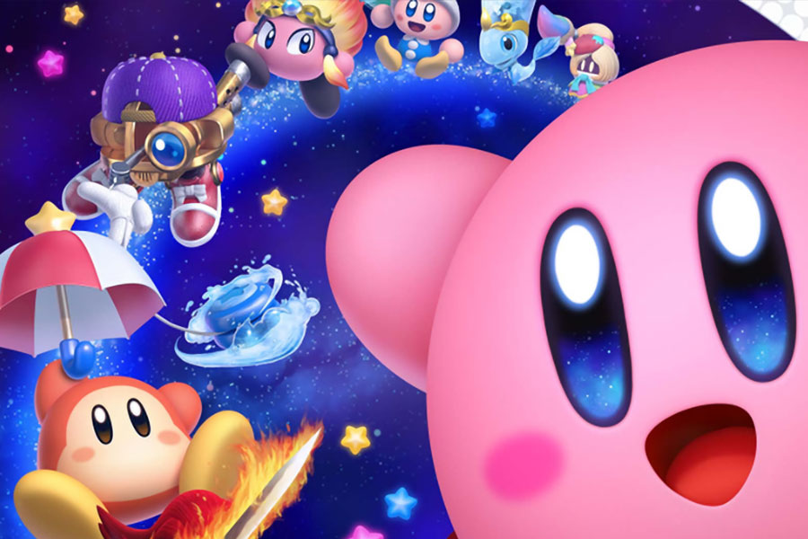 A wallpaper of the Kirby Star Allies game showing various characters from the game.