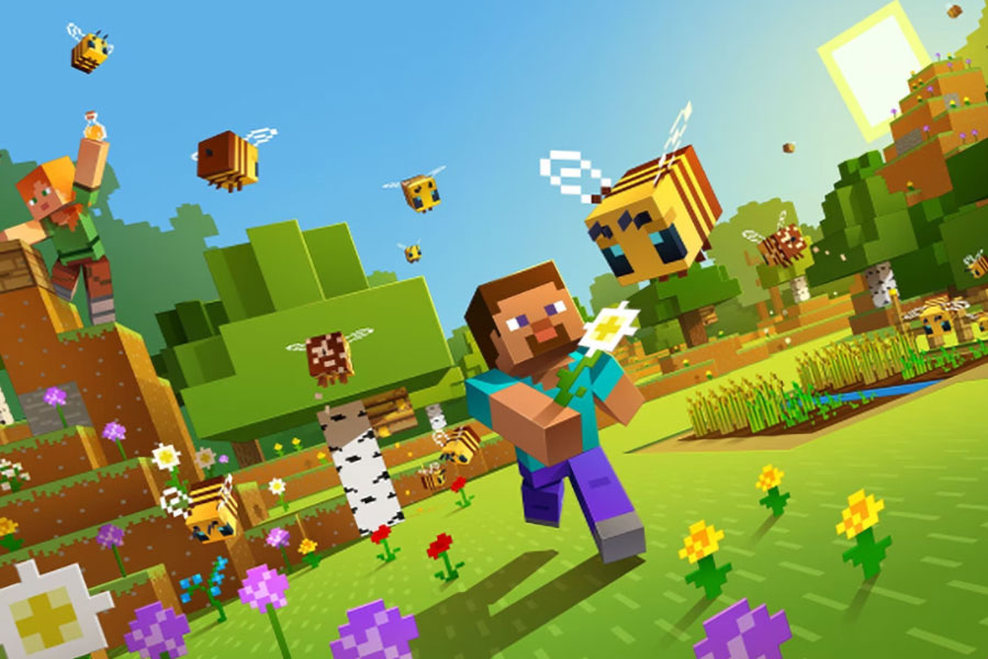 A wallpaper of Minecraft showing main characters and bees!