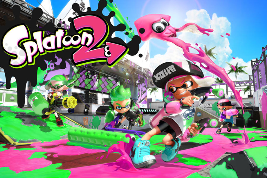 A backdrop of the diversion Splatoon 2 appearing distinctive characters shooting color.