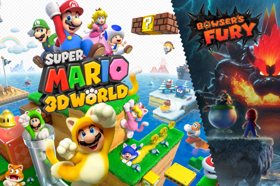 A collage blurb of Super Mario 3D World + Bowser's Fury.