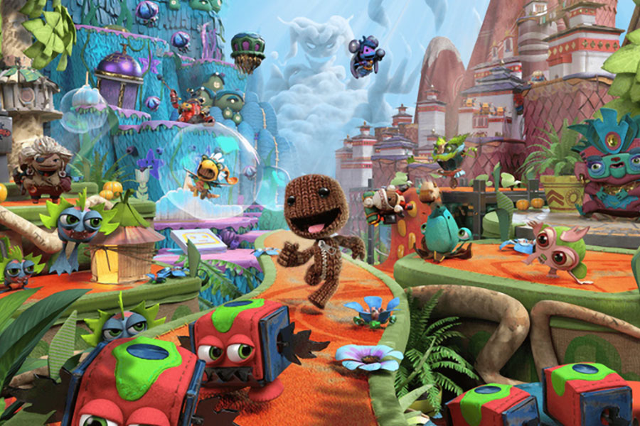 A wallpaper of Sackboy: A Big Adventure showing the games distinctive colors and characters.