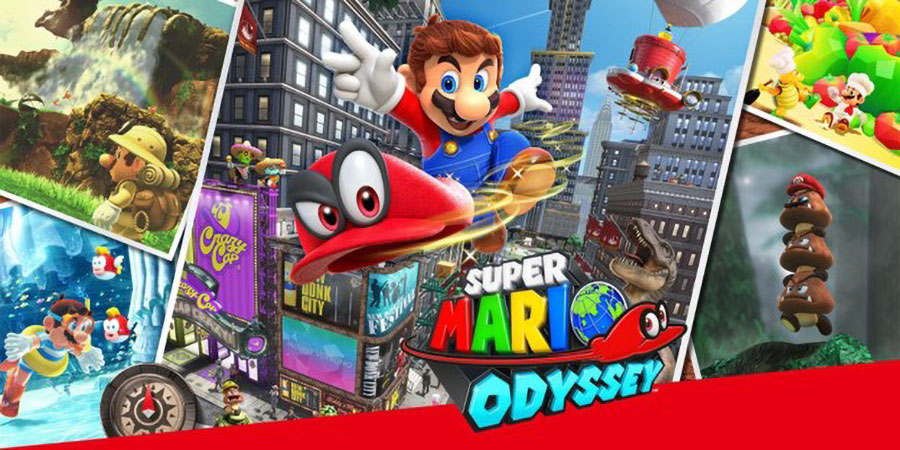 A collage poster of Super Mario Odyssey showing different environments of the game.