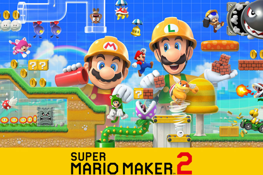 Super Mario Maker 2 official poster, showing all kinds of different characters and items of the game.