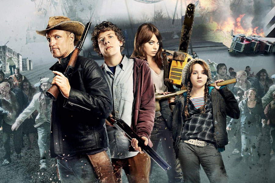  a poster of Zombieland with its main characters, one of comedy movies for gamers.